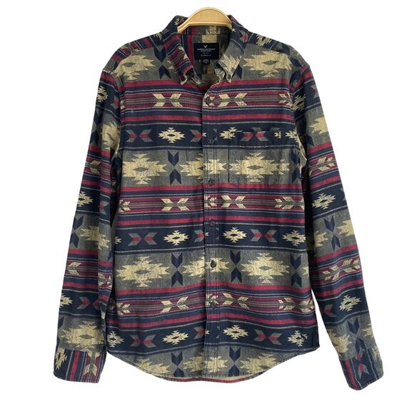 American Eagle Outfitters Aztec Flannel Shirt Shacket Men S Navy Southwestern - Picture 2 of 10